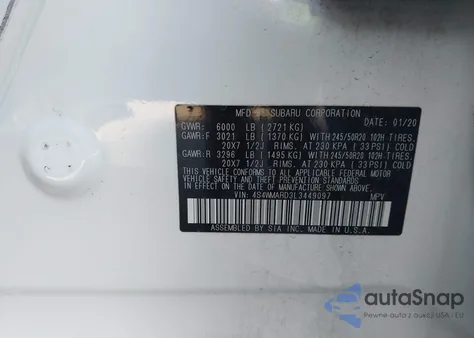 2020 Subaru Ascent Touring z USA, uszkodzony, nr VIN 4S4WMARD3L3449097